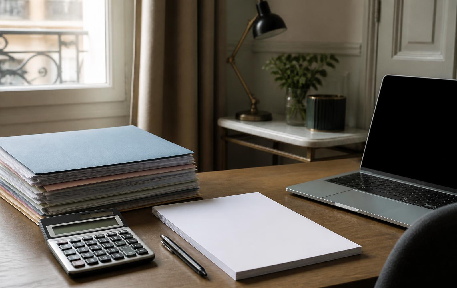 Bureau avec dossiers et calculs des aides pour panneaux solaires