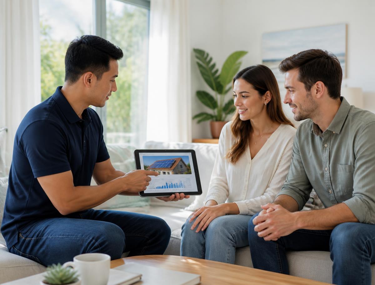 Conseiller présentant une étude énergétique à un couple de particuliers