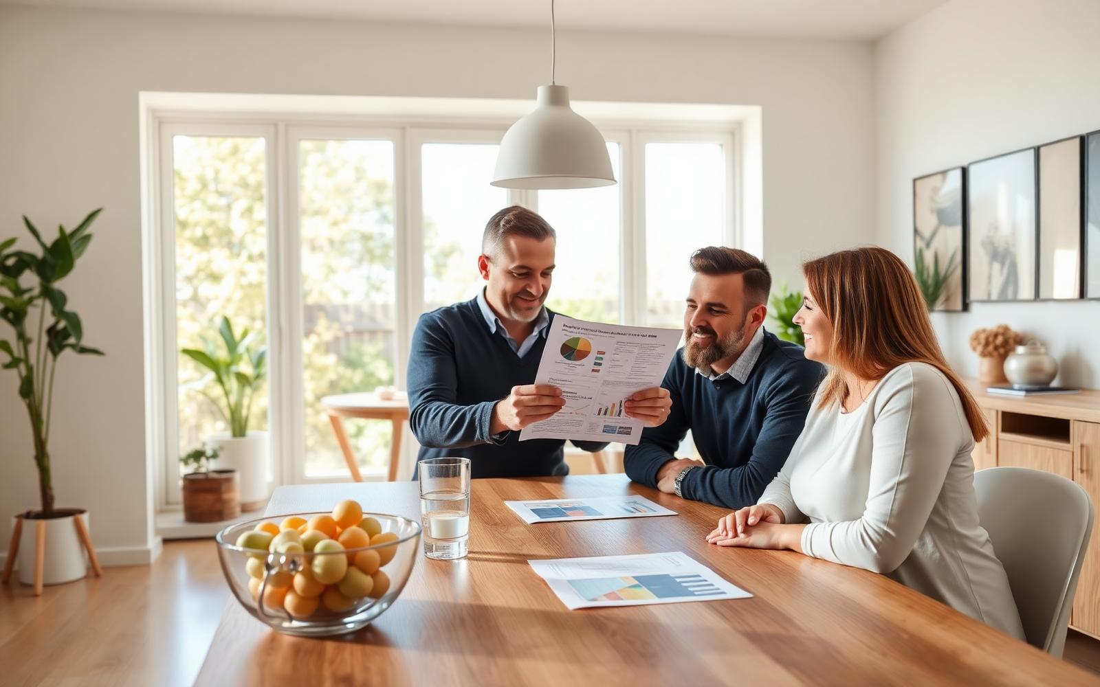 Conseiller présentant un rapport d'étude photovoltaïque à un couple
