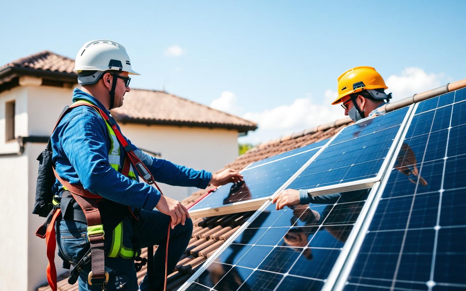 Installateurs certifiés RGE posant des panneaux solaires sur un toit