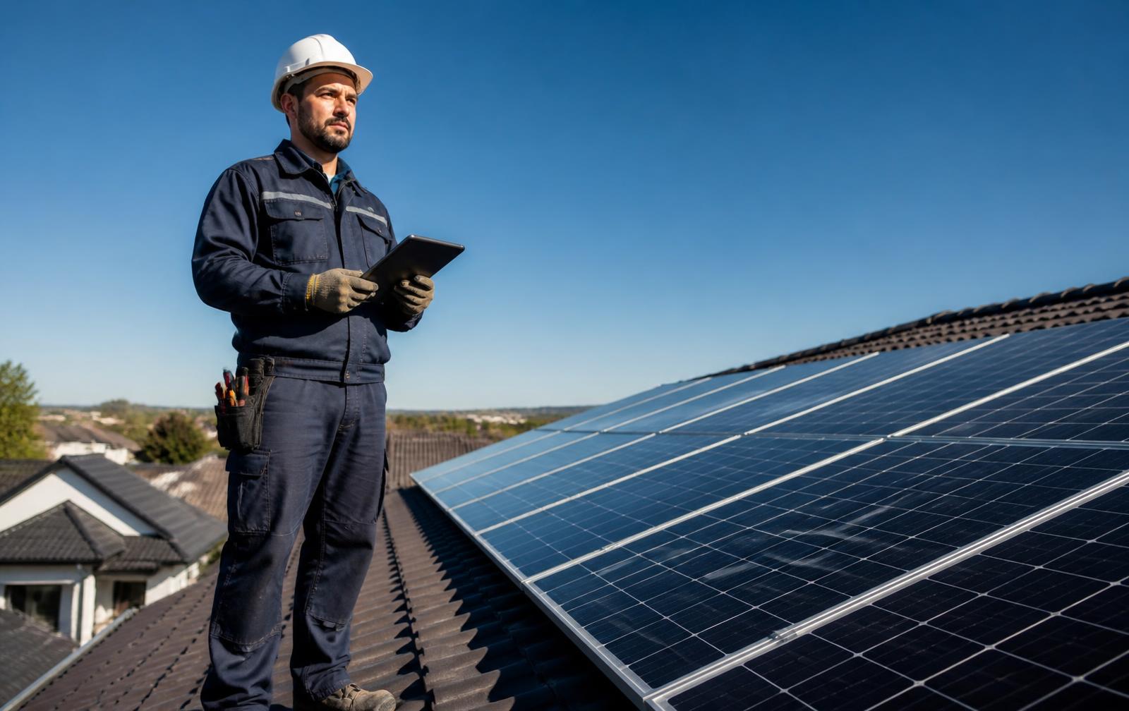 Technicien solaire avec une tablette devant des panneaux photovoltaïques